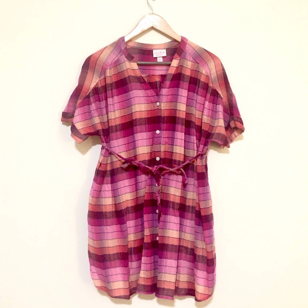 Pink Purple & Peach Plaid Maternity Shirt Top, Med